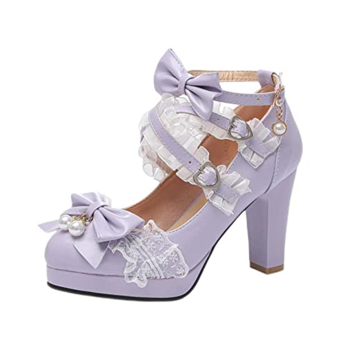 DSAI Sommer Damen High Heel Dicker Boden Niedlich Schleife Knoten Spitze Prinzessin Mary Jane Lolita Schuhe Party High Heel Schnalle Mädchen Flacher Mund Mädchen Sweet-4,6 von DSAI