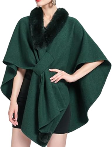 DSAoTeng Damen Fledermausärmel Kunstfellkragen Umhang Schal Elegant Warm Strick Wrap Poncho Cape Cardigan für Abend Hochzeit Herbst Winter Party, grün, Einheitsgröße von DSAoTeng