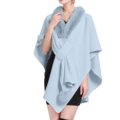 DSAoTeng Damen Fledermausärmel Kunstfellkragen Umhang Schal Elegant Warm Strick Wrap Poncho Cape Cardigan für Abend Hochzeit Herbst Winter Party, hellblau, Einheitsgröße von DSAoTeng