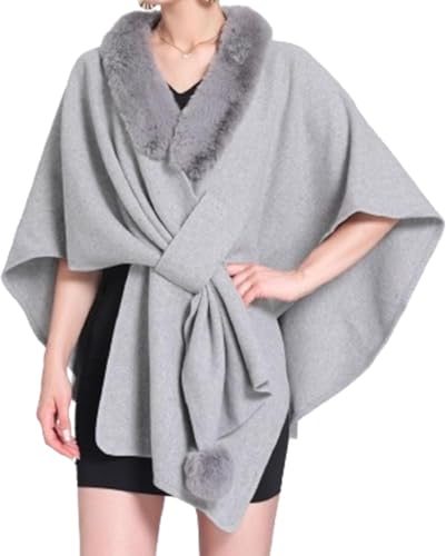 DSAoTeng Damen Fledermausärmel Kunstfellkragen Umhang Schal Elegant Warm Strick Wrap Poncho Cape Cardigan für Abend Hochzeit Herbst Winter Party, hellgrau, Einheitsgröße von DSAoTeng