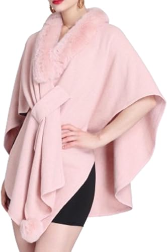 DSAoTeng Damen Fledermausärmel Kunstfellkragen Umhang Schal Elegant Warm Strick Wrap Poncho Cape Cardigan für Abend Hochzeit Herbst Winter Party, rose, Einheitsgröße von DSAoTeng