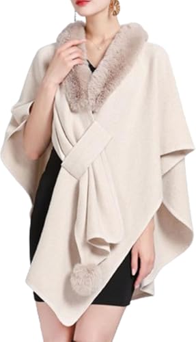 DSAoTeng Damen Fledermausärmel Kunstfellkragen Umhang Schal Elegant Warm Strick Wrap Poncho Cape Cardigan für Abend Hochzeit Herbst Winter Party, weiß, Einheitsgröße von DSAoTeng