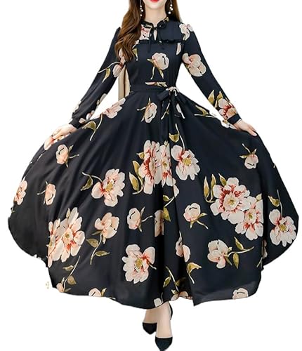 DSAoTeng Damen Langarm Bedruckte Schleife Swing Kleid - Elegant Casual Floral Chiffon Slim Fit A Linie Midikleid für Herbst Winter Party Urlaub, Schwarz , XL von DSAoTeng