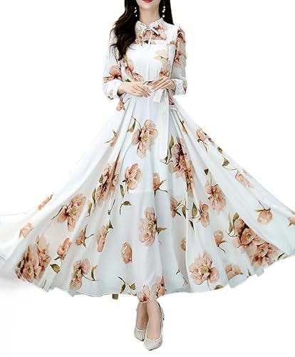 DSAoTeng Damen Langarm Bedruckte Schleife Swing Kleid - Elegant Casual Floral Chiffon Slim Fit A Linie Midikleid für Herbst Winter Party Urlaub, milchig, XL von DSAoTeng