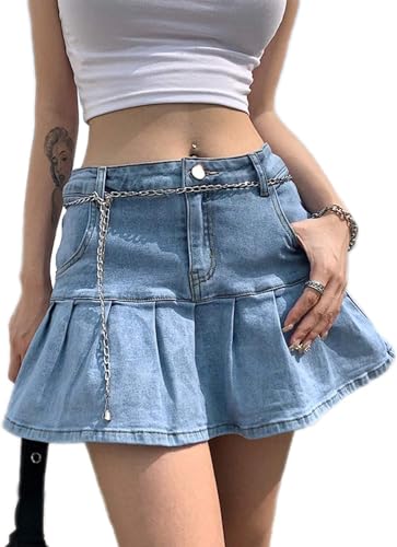 DSAoTeng Damen Plissee Denim Rock - Y2K Minirock Jeans Casual A-Linie Rüschen Hoher Bund Kurze Röcke Mit Eingebauten Anti-Rutsch-Shorts (L,Blau) von DSAoTeng
