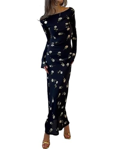 DSAoTeng Damen Rundhals Slim Fit Floral Rückenfrei Ausgestellt Langarm Midi Kleid Y2K Seitenschlitz Kleid für Party Strand Abendgarderobe, Schwarz , M von DSAoTeng
