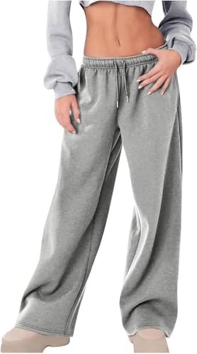 DSAoTeng Damen-Sweathose mit niedriger Leibhöhe, weites Bein, mit Taschen, lässig, dehnbar, lockere Passform, Winter-Jogginghose für Zuhause im Freien, grau, M von DSAoTeng