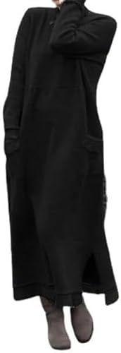 DSAoTeng Langärmeliges Maxi-Strickkleid für Damen, lässig, elegant, lockere Passform, Rundhalsausschnitt, Spitzendetail, Pulloverkleid für Herbst und Winter, Schwarz , L von DSAoTeng