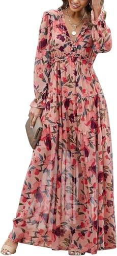 Damen Bohemian Maxikleid Chiffon Langarm V-Ausschnitt Rüschen Elegant Flowy Floral Party Kleid, mehrfarbig, 42 von DSAoTeng