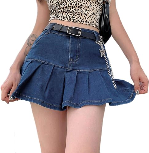 DSAoTeng Damen Plissee Denim Rock - Y2K Minirock Jeans Casual A-Linie Rüschen Hoher Bund Kurze Röcke Mit Eingebauten Anti-Rutsch-Shorts (S,Marine) von DSAoTeng