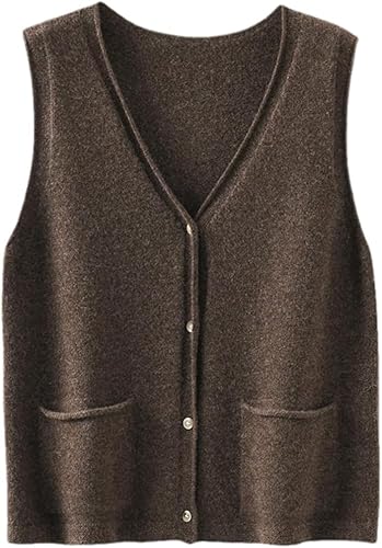 Damen V-Ausschnitt Falten Ärmellos Kaschmir Strickweste mit Tasche Casual Lose Knopfleiste Cardigan Frühling Herbst Oberbekleidung, braun, M von DSAoTeng