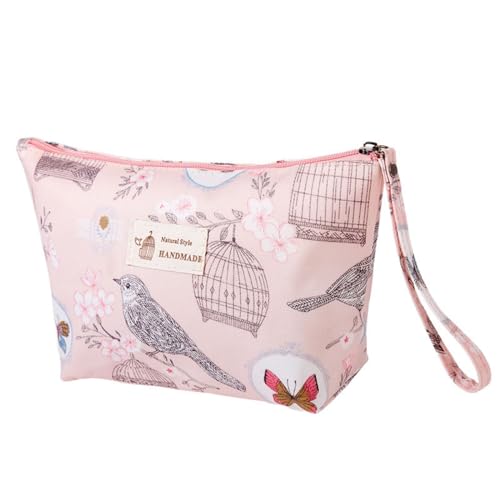 Große Retro-Make-up-Tasche mit Innentasche, Nylon-Reisetasche, Kosmetiktasche, Reißverschlusstasche für Damen, Rosa Vogel, Large von DSDFIDn