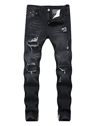 DSDZ Fashion Mens Stretch Ripped Hole Skinny Blue Jeans with Side Zippers Black 40 von DSDZ