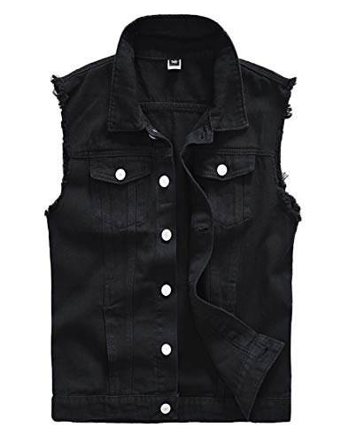 DSDZ Herren Ärmellose Ripped Denim Weste Casual Slim Fit Button Down Jeans Westen Jacke - Schwarz - Medium von DSDZ