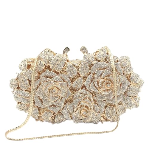 DSFDFDG Ausgehöhlte Rose Strass Abendtasche Kristall Damentasche Hochzeit Braut Abendessen Kleid Tasche Luxus Bankett Handtasche Für Prom Hochzeit Party Bankett(Gold) von DSFDFDG