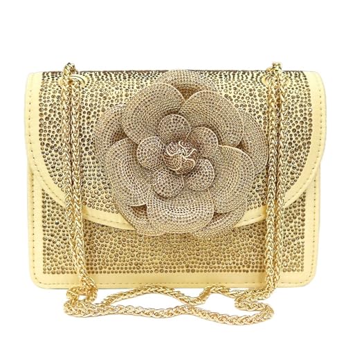 DSFDFDG Kette Damentasche Herbst Bright Diamond Flower Design Stereo Tasche Volldiamant Elegante Casual Umhängetasche Für Prom Hochzeit Party Bankett(Gold) von DSFDFDG