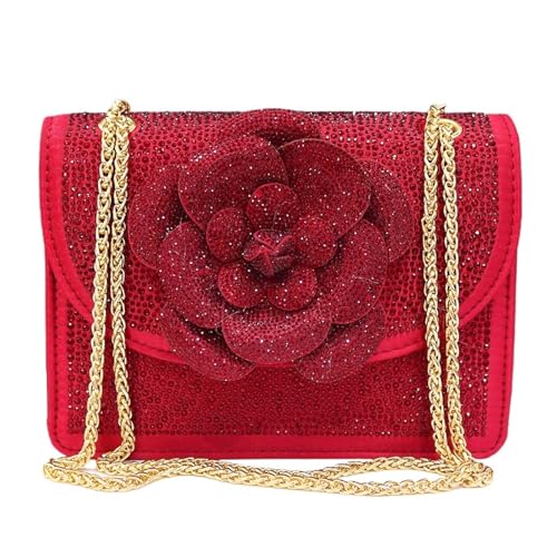 DSFDFDG Kette Damentasche Herbst Bright Diamond Flower Design Stereo Tasche Volldiamant Elegante Casual Umhängetasche Für Prom Hochzeit Party Bankett(Red) von DSFDFDG