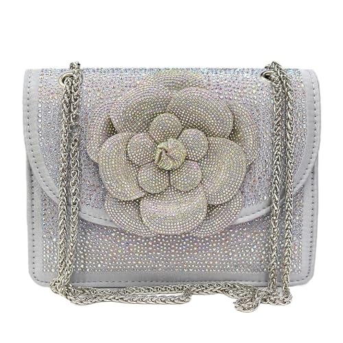 DSFDFDG Kette Damentasche Herbst Bright Diamond Flower Design Stereo Tasche Volldiamant Elegante Casual Umhängetasche Für Prom Hochzeit Party Bankett(Silver) von DSFDFDG