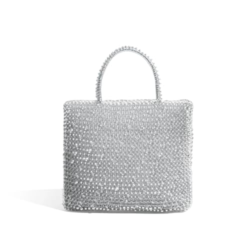 DSFDFDG Modische handgewebte silberne Handtasche, handgewebte Umhängetasche aus PVC, glänzende rechteckige Clutch, schicke Kettenhandtasche Für Prom Hochzeit Party Bankett(Color 2) von DSFDFDG