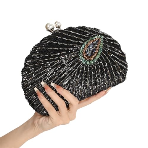DSFDFDG Muschelform Damen Clutch Pailletten Geldbörsen und Handtaschen Luxus Designer Retro Stickerei Abendtasche Damen Party Handtasche Für Prom Hochzeit Party Bankett(Black) von DSFDFDG