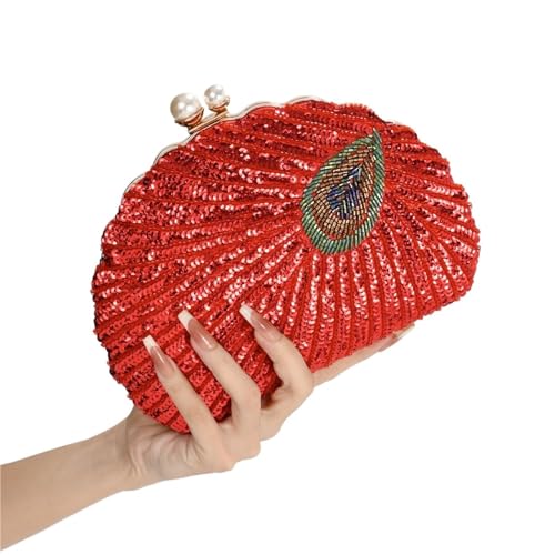 DSFDFDG Muschelform Damen Clutch Pailletten Geldbörsen und Handtaschen Luxus Designer Retro Stickerei Abendtasche Damen Party Handtasche Für Prom Hochzeit Party Bankett(Red) von DSFDFDG