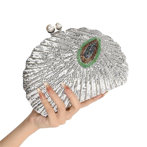 DSFDFDG Muschelform Damen Clutch Pailletten Geldbörsen und Handtaschen Luxus Designer Retro Stickerei Abendtasche Damen Party Handtasche Für Prom Hochzeit Party Bankett(Silver) von DSFDFDG