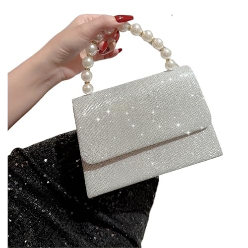 Damen Abendhandtasche Strass Handtasche Tasche Quadratische Perlenhandtasche Weiblich Glänzend Flip Braut Clutch Tasche for Frauen Für Prom Hochzeit Party Bankett(Silver) von DSFDFDG