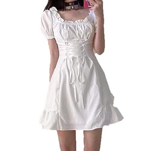 DSFG Lacet Up Minikleid Lolita Frauen Harajuku Punk Dunkel Ästhetik Kleider Emo Kawaii Fee Alternative Kleidung - Weiß, S von DSFG