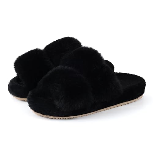 DSFIHJO Damen Hausschuhe Offen Offene Zehen Hausschuhe Indoor Warme Weibliche Slides Plüsch Frauen Winter(Black,40-41) von DSFIHJO