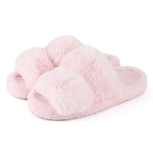 DSFIHJO Damen Hausschuhe Offen Offene Zehen Hausschuhe Indoor Warme Weibliche Slides Plüsch Frauen Winter(Pink,38-39) von DSFIHJO