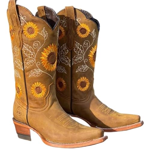 DSFIHJO Kniehohe Cowboystiefel FüR Damen Damenmode Stiefel Outdoor Komfort Wanderschuhe Stickerei Braune Lederstiefel Tiefer hoher Schlauch Weiblicher Freizeitschuh(Khaki,40) von DSFIHJO