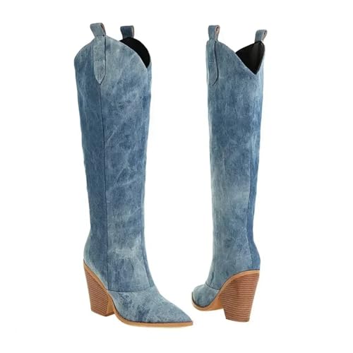 DSFIHJO Kniehohe Cowboystiefel FüR Damen Denim Western Damen Kniehohe Stiefel High Heel Cowboy Lange Stiefel Größe 43 Slip On Damenschuhe(42) von DSFIHJO