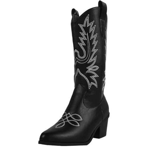 DSFIHJO Kniehohe Cowboystiefel FüR Damen Stiefeletten for Damen im Mid-Calf-Stil, trendige Slip-On-Stiefel im Western-Cowgirl-Stil mit Stickerei, weiße High Heels(Black,41) von DSFIHJO