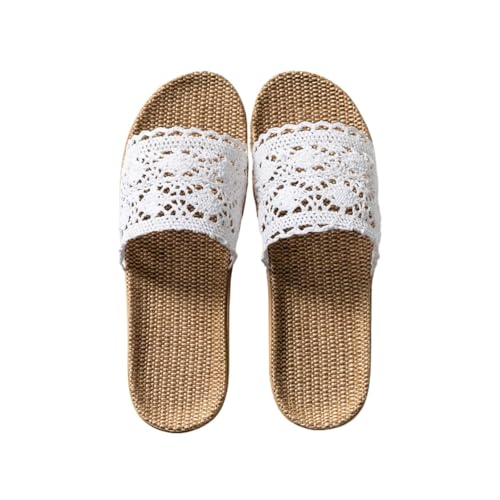 DSFIHJO Strohpantoffeln FüR Damen Damen-Hausschuhe aus Leinen mit Schnürung, sexy gewebte Gras-Slides, leichte, bequeme Mesh-Handarbeitsschuhe, Heimsandalen(White,35-36) von DSFIHJO