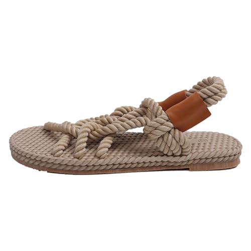 DSFIHJO Strohpantoffeln FüR Damen Damen Vintage Sandalen, flach, offene Zehenpartie, regenbogenfarbenes Seil, handgefertigt, gekreuzte Riemen, Strohschuhe(Beige,41) von DSFIHJO