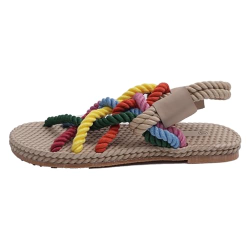DSFIHJO Strohpantoffeln FüR Damen Damen Vintage Sandalen, flach, offene Zehenpartie, regenbogenfarbenes Seil, handgefertigt, gekreuzte Riemen, Strohschuhe(Coloured,42) von DSFIHJO