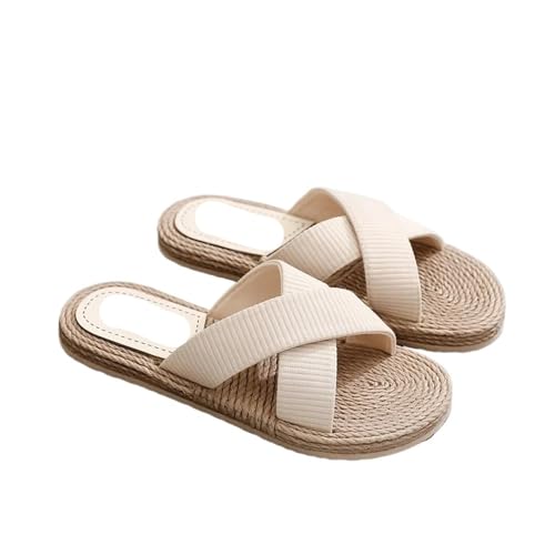 DSFIHJO Strohpantoffeln FüR Damen Sommer Damen Hausschuhe Damen Leichte Hausschuhe Cross Drag Handgemachte Stroh Gewebte Schuhe Hanfseil Oberbekleidung Hausschuhe Freizeitschuhe(Beige,38) von DSFIHJO