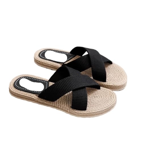 DSFIHJO Strohpantoffeln FüR Damen Sommer Damen Hausschuhe Damen Leichte Hausschuhe Cross Drag Handgemachte Stroh Gewebte Schuhe Hanfseil Oberbekleidung Hausschuhe Freizeitschuhe(Black,39) von DSFIHJO