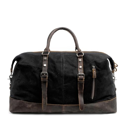 Reisetasche Leder Männer Reisetaschen Handgepäck Taschen Canvas Leder Reisetaschen Schultertaschen Große Kapazität Wochenende Übernachtung(Black) von DSFIHJO