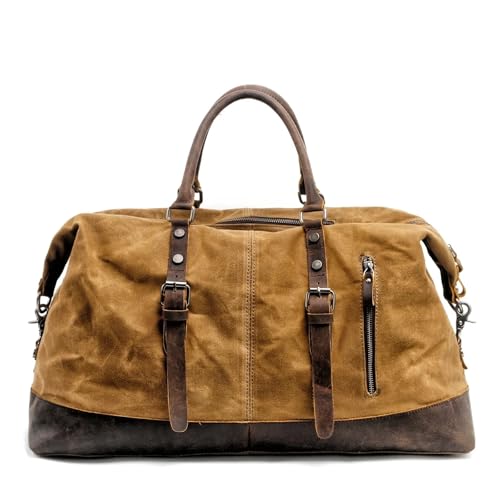Reisetasche Leder Männer Reisetaschen Handgepäck Taschen Canvas Leder Reisetaschen Schultertaschen Große Kapazität Wochenende Übernachtung(Khaki) von DSFIHJO