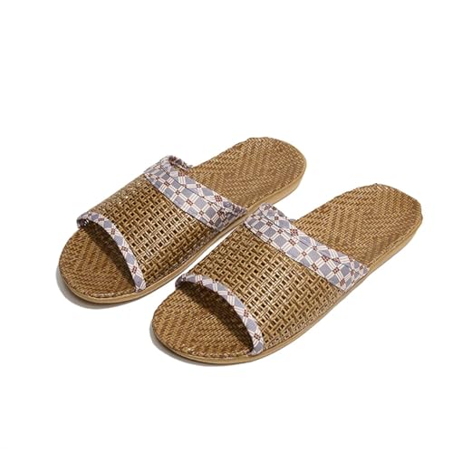 Strohpantoffeln FüR Damen Gewebte Rattan-Hausschuhe mit weichem Leinenfutter, lässige Slipper mit offener Spitze, bequeme Indoor-Hausschuhe(Blue,37-38) von DSFIHJO