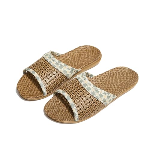 Strohpantoffeln FüR Damen Gewebte Rattan-Hausschuhe mit weichem Leinenfutter, lässige Slipper mit offener Spitze, bequeme Indoor-Hausschuhe(Green,35-36) von DSFIHJO