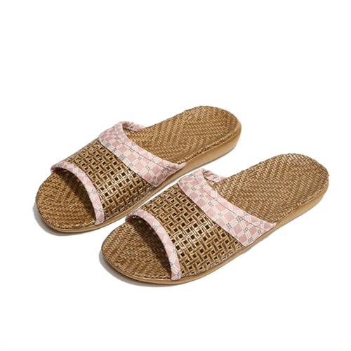 Strohpantoffeln FüR Damen Gewebte Rattan-Hausschuhe mit weichem Leinenfutter, lässige Slipper mit offener Spitze, bequeme Indoor-Hausschuhe(Pink,39-40) von DSFIHJO