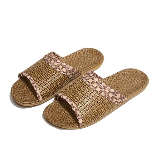 Strohpantoffeln FüR Damen Gewebte Rattan-Hausschuhe mit weichem Leinenfutter, lässige Slipper mit offener Spitze, bequeme Indoor-Hausschuhe(Red,37-38) von DSFIHJO