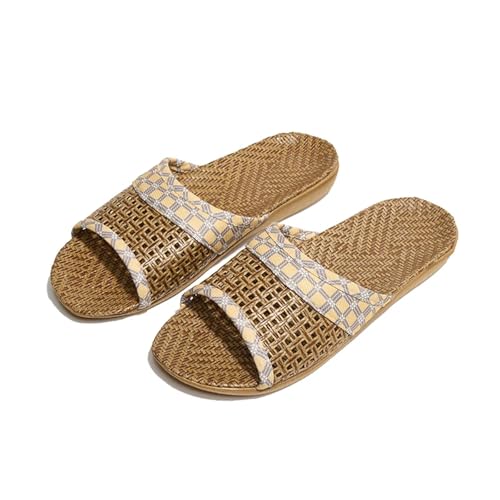 Strohpantoffeln FüR Damen Gewebte Rattan-Hausschuhe mit weichem Leinenfutter, lässige Slipper mit offener Spitze, bequeme Indoor-Hausschuhe(Yellow,40-41) von DSFIHJO