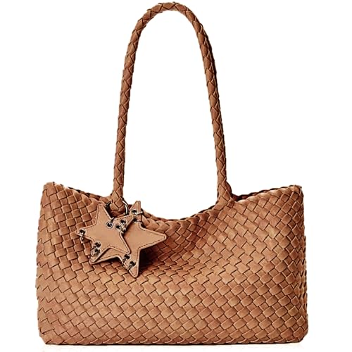 DSGUTWO Gewebte Geldbörse für Damen, modische Handtaschen und Geldbörsen, Strand-Schultertaschen, Reise-Geflochtener Tragegriff oben (Karamell) von DSGUTWO