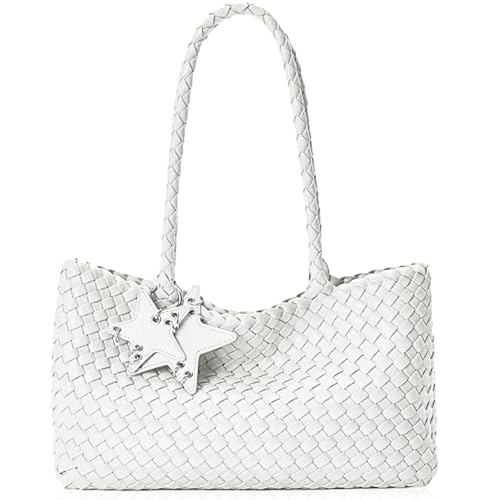 DSGUTWO Gewebte Geldbörse für Damen, modische Handtaschen und Geldbörsen, Strand-Schultertaschen, Reise-geflochtener Tragegriff oben (Beige) von DSGUTWO