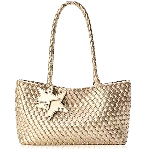 DSGUTWO Gewebte Geldbörse für Damen, modische Handtaschen und Geldbörsen, Strand-Schultertaschen, Reise-geflochtener Tragegriff oben (goldfarben) von DSGUTWO