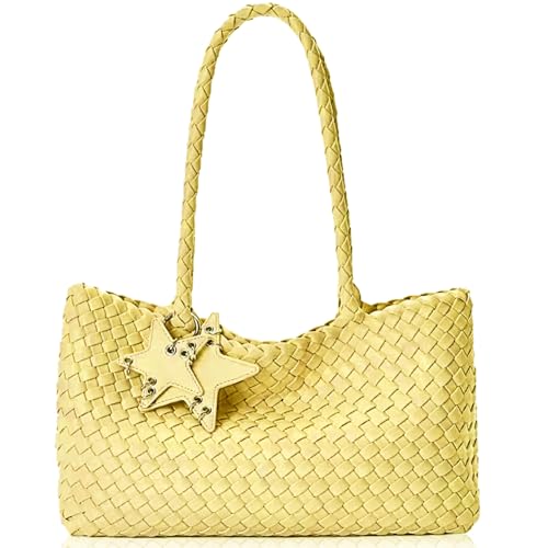 DSGUTWO Gewebte Geldbörse für Damen, modische Handtaschen und Geldbörsen, Strand-Schultertaschen, Reise-geflochtener Tragegriff oben (hellgelb) von DSGUTWO