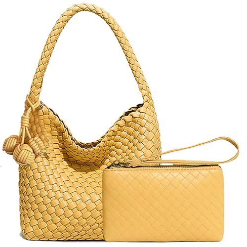 DSGUTWO Gewebte Handtasche mit Tragegriff für Damen, kleine Hobo-Tasche mit Mini-Geldbörse, Reise-Strandtasche, Designer-Handarbeit, Schultertasche (Huhngelb) von DSGUTWO